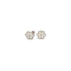 925 Sterling Silver Stud Flower White Enamel Earrings Small Screw Back